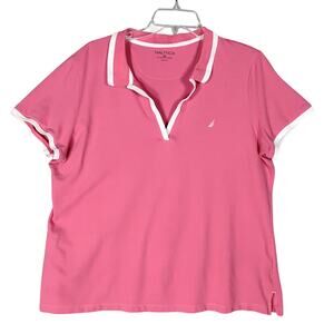 Nautica Polo Blouse Size XXL Pink Collared V Neck Short Sleeve White Trim